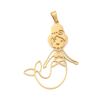 304 Stainless Steel Pendants, Laser Cut, Mermaid Charm, Real 18K Gold Plated, 40x29.5x1mm, Hole: 5x3mm