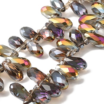 Electroplate Glass Beads Strands, Rainbow Plated, Faceted, Teardrop, Top Drilled, Dark Gray, 13x7x7mm, Hole: 1mm, about 100pcs/strand, 19.29''(49cm)