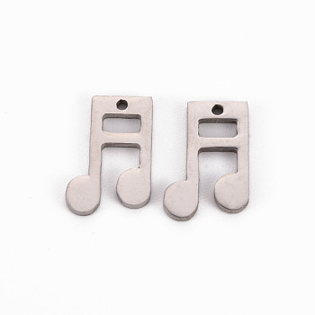 304 Stainless Steel Charms, Laser Cut, Musical Note, Manual Polishing, Stainless Steel Color, 12x8x1mm, Hole: 0.9mm