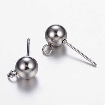304 Stainless Steel Stud Earring Findings, with Loop, Stainless Steel Color, 8x6mm, Hole: 1.7mm, Pin: 0.7mm