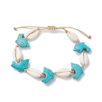 Natural Shell & Synthetic Turquoise Braided Bead Anklets, Dolphin, Inner Diameter: 1-7/8~3 inch(4.7~7.5cm), Dolphin: 13x19.5mm