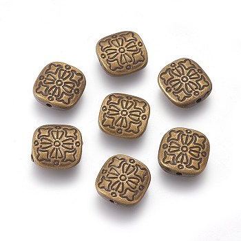 Tibetan Style Alloy Beads, Square with Flower, Antique Bronze, Lead Free & Cadmium Free & Nickel Free, 10.5x10.5x3.5mm, Hole: 1.5mm