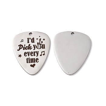 201 Stainless Steel Pendants, Guitar Pick Charm, Laser Cut, with Word I'd Pick You Every Time, Stainless Steel Color, 38x25x1.5mm, Hole: 2.2mm
