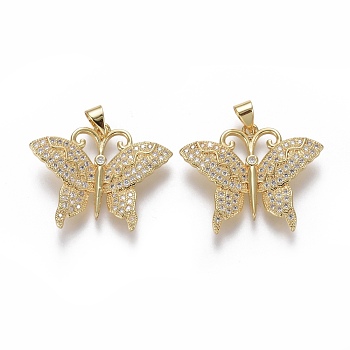 Brass Micro Pave Cubic Zirconia Pendants, Butterfly, Clear, Real 18K Gold Plated, 23x28x2.5mm, Hole: 3.5x5mm