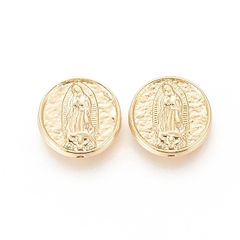 Brass Beads, Long-Lasting Plated, Flat Round with Virgin Mary, Real 18K Gold Plated, 15.5x4mm, Hole: 1.2mm