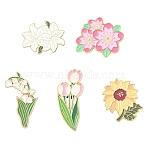 5Pcs 5 Styles Creative Zinc Alloy Brooches, Enamel Lapel Pin, with Iron Butterfly Clutches or Rubber Clutches, Flower, Golden, Mixed Color, 23~43.5x24~29mm, 1pc/style(JEWB-YW0001-11)