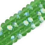 Transparent Glass Beads Strands, Faceted, Frosted, Half AB Color Plated, Rondelle, Green, 8x6mm, Hole: 1mm, about 60~62pcs/strand, 39~40cm(X-EGLA-A044-T8mm-MB11)