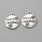Christmas Themed Tibetan Style Alloy Pendants, Flat Round with Word Merry Christmas Charms, Antique Silver, 17.5x15x1.7mm, Hole: 1.6mm(TIBEP-WH0003-23AS)