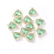 Glass Links connectors, with Eco-Friendly Alloy Open Back Berzel Findings, Faceted, Triangle, Light Gold, Light Green, 16x12x4.5mm, Hole: 1.2mm(GLAA-A037-E-06KC)