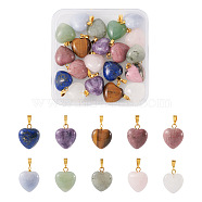 20Pcs 10 Styles Natural Mixed Gemstone Pendants, Heart Charm, with Golden Tone Brass Findings, 18x15~15.5x9.5~10mm, Hole: 6x3mm, 2pcs/style(G-FW0001-39)