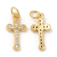 Brass with Cubic Zirconia Pendants, Long-Lasting Plated, Lead Free & Cadmium Free, Cross, Real 18K Gold Plated, 16x8x2.5mm(KK-K332-25G)