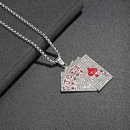 Alloy Full Crystal Rhinestone Playing Cards Pendant Necklaces, 201 Stainless Steel Box Chain Necklaces, Stainless Steel Color, Red, 23.54 inch(59.8cm)(NJEW-R001-01P-01)