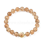 Round Glass Beaded Stretch Bracelet with Gold Plated Brass Ring for Women, Tan, Inner Diameter: 2 inch(5cm)(BJEW-N018-02F)