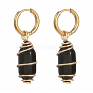 Copper Wire Wrapped Natural Obsidian Dangle Earrings for Women, 304 Stainless Steel Huggie Hoop Earrings, 39mm, Pin: 1mm(EJEW-JE04628-05)