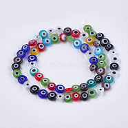 Handmade Evil Eye Lampwork Beads Strands, Flat Round, Mixed Color, 6x2.5mm, Hole: 1mm, about 64~65pcs/strand, 14.1 inch~14.5 inch(X-LAMP-S191-02A-13)
