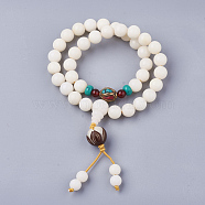 2-Loop Wrap Style Buddhist Jewelry, Wood Mala Bead Bracelets, Stretch Bracelets, with Natural/Synthetic Gemstone, Round, Creamy White, 1-3/8 inch(35mm)(BJEW-S140-12)