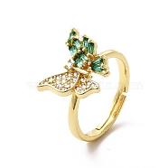 Cubic Zirconia Butterfly Open Cuff Ring, Real 18K Gold Plated Jewelry for Women, Green, US Size 7 3/4(17.9mm)(KK-H439-51A-G)