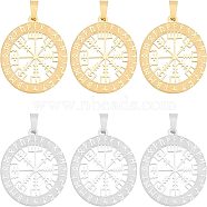 6Pcs 2 Colors 304 Stainless Steel Norse Viking Compass Amulet Pendants, Flat Round, Golden & Stainless Steel Color, 33.5x30x1.5mm, 3pcs/color(STAS-UN0038-27)