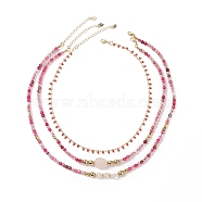 Natural Rose Quartz & Agate Beaded Necklaces Sets for Women, Handmade Brass Glass Beaded Chains Necklaces, 14.96~18.9 inch(38~48cm), 3pcs/set(NJEW-JN04129)