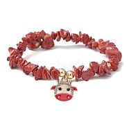Natural Dyed Howlite Chips Stretch Bracelets, with Alloy Enamel Cattle Charms, Inner Diameter: 2~2-1/8 inch(5.1~5.25cm)(BJEW-JB09754-02)
