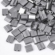 Electroplate Opaque Glass Seed Beads, 2-Hole, Rectangle, Gunmetal Plated, 5x4.5~5.5x2~2.5mm, Hole: 0.5~0.8mm(SEED-S023-20C-01)
