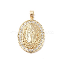 Brass Cubic Zirconia Pendants, Long-Lasting Plated, Oval with Holy Virgin Charms, Golden, Clear, 32x24x4mm, Hole: 5x3mm(KK-Z050-22G)