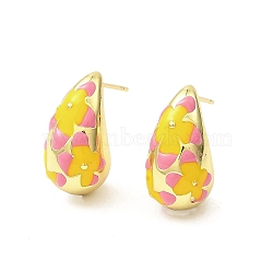 Teardrop with Flower Real 18K Gold Plated Brass Enamel Stud Earrings, Long-Lasting Plated, Lead Free & Cadmium Free, Orange, 21x11mm(EJEW-L270-013G-03)