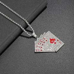 Alloy Full Crystal Rhinestone Playing Cards Pendant Necklaces, 201 Stainless Steel Box Chain Necklaces, Stainless Steel Color, Red, 23.54 inch(59.8cm)(NJEW-R001-01P-01)