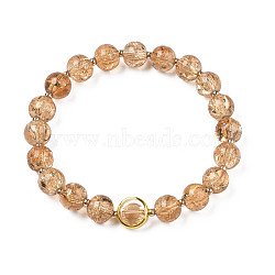Round Glass Beaded Stretch Bracelet with Gold Plated Brass Ring for Women, Tan, Inner Diameter: 2 inch(5cm)(BJEW-N018-02F)