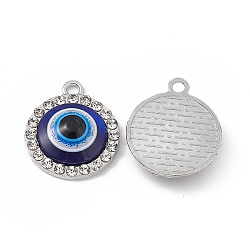 Alloy Crystal Rhinestone Pendants, with Resin Evil Eye, Flat Round Charms, Platinum, 20x16.5x4.5mm, Hole: 1.8mm(FIND-C019-01P)