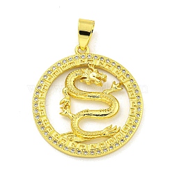 Brass Micro Pave Clear Cubic Zirconia Pendant, Real 18K Gold Plated, Dragon, Round, 32x29.5x4mm, Hole: 6.5x4mm(KK-R159-16A-G)