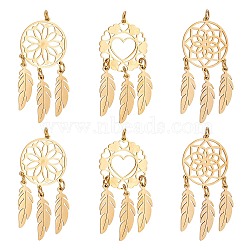 6Pcs 3 Style 201 Stainless Steel Pendants, with Jump Rings, Woven Net/Web with Feather, Golden, 44~46x20x1mm, Hole: 3mm, 2pcs/style(STAS-DC0001-51)