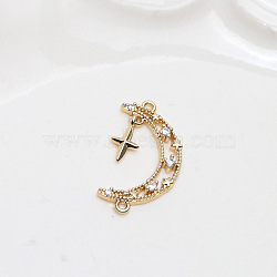 Brass Micro Pave Clear Cubic Zirconia Connector Charms, Golden, Moon, 25x13mm(INS-PW0002-07I)