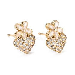 Heart & Flower Sparkling Cubic Zirconia Hoop Earrings for Girl Women, Lead Free & Nickel Free & Cadmium Free, Real 18K Gold Plated Brass Enamel Earrings, Misty Rose, 12x8.5mm, Pin: 0.7mm(EJEW-H126-19G)
