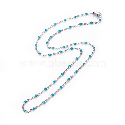 304 Stainless Steel Cable Chain Necklaces, with Enamel Links and Lobster Claw Clasps, Solder, Deep Sky Blue, 17.7 inch(45cm), 1.7~2.5mm(X-NJEW-F265-D05-P)