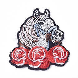 Computerized Embroidery Cloth Iron on/Sew on Patches, Costume Accessories, Appliques, Horse with Rose, Colorful, 78x72x1.5mm(DIY-I016-22)