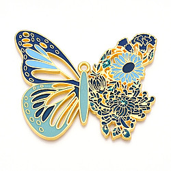 Rack Plating Alloy Enamel Big Pendants, Cadmium Free & Nickel Free & Lead Free, Butterfly with Flower Charms, Golden, Marine Blue, 55.5x67x2mm, Hole: 2.5mm(ENAM-N056-397A-G)