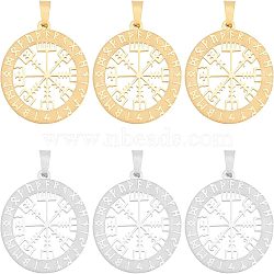 6Pcs 2 Colors 304 Stainless Steel Norse Viking Compass Amulet Pendants, Flat Round, Golden & Stainless Steel Color, 33.5x30x1.5mm, 3pcs/color(STAS-UN0038-27)