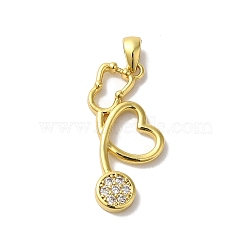 Brass Micro Pave Cubic Zirconia Pendant, Lead Free & Cadmium Free, Long-Lasting Plated, Stethoscope, Real 18K Gold Plated, 25x11.5x2mm, Hole: 4.5x3mm(KK-H487-13G)