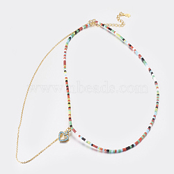 Natural Peach Moonstone Tiered Necklaces, Layered Necklaces, with Brass Findings, Heart, 14.5 inch (37cm), 1mm(NJEW-K108-01-01)