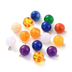 Resin Pendants, Mixed Style, with Golden Tone Alloy Findings, Round, Mixed Color, 15x12mm, Hole: 1mm(PALLOY-C157-12)