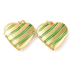 Rack Plating Brass Locket Pendant, with Enamel, Long-Lasting Plated, Heart, Real 18K Gold Plated, Green, 29x28.5x6.5mm, Hole: 5.5x3.5mm, Inner Diameter: 16.5x21mm(KK-H486-04G-03)