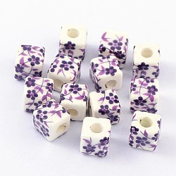 Indigo Plum Flower Handmade Printed Porcelain Ceramic Beads, Cube, 10x10x10mm, Hole: 4mm(X-PORC-Q157-1)