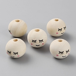 Schima Wood European Beads, Large Hole Beads, Round with Smiling Face Pattern, Old Lace, 20x18mm, Hole: 4mm(WOOD-WH0132-03A)
