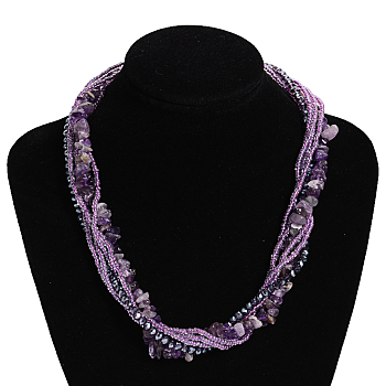 Amethyst Multi-strand Necklaces, with Glass Beads and Lobster Clasps, 17.71 inch~18.11 inch