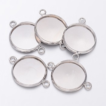 Platinum Plated Brass Bezel Connector Link Settings for Cameo Cabochons, Plain Edge Bezel Cups, Flat Round, Lead Free & Cadmium Free & Nickel Free, Tray: 14mm, 21.5x16x2.5mm, Hole: 1.5mm