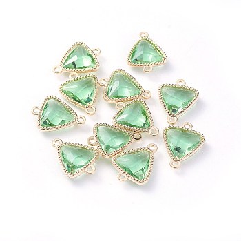 Glass Links connectors, with Eco-Friendly Alloy Open Back Berzel Findings, Faceted, Triangle, Light Gold, Light Green, 16x12x4.5mm, Hole: 1.2mm