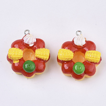 Resin Pendants, with Platinum Tone Iron Loop, Imitation Food, Cake, Red, 32.5x27.5~28.5x17.5mm, Hole: 1.8mm