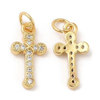Brass with Cubic Zirconia Pendants, Long-Lasting Plated, Lead Free & Cadmium Free, Cross, Real 18K Gold Plated, 16x8x2.5mm