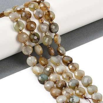 Natural Xiuyan Jade Beads Strands, Faceted, Flat Round, with Seed Beads, 9.5~10x5~6mm, Hole: 1mm, about 32~34pcs/strand, 15.75~14.96''(38~40cm)